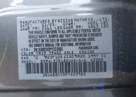 2023 Nissan Sentra Sv Xtronic Cvt z USA, uszkodzony, nr VIN 3N1AB8CV0PY223985